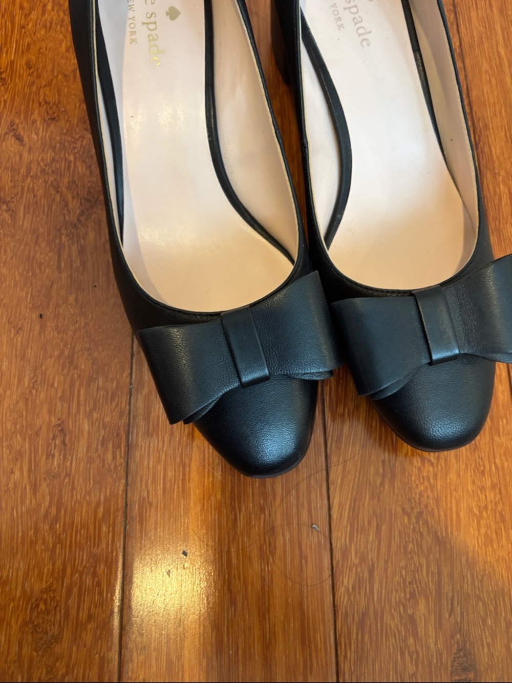 kate spade Black Leather Block Heel Pumps with Bow Accent - Picture 3 of 8